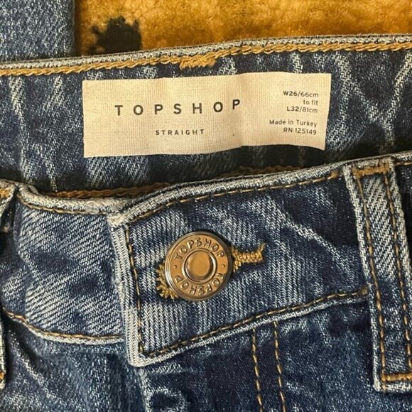 Topshop straight blue jeans womens size 26 waist 24 length cut frayed - Picture 3 of 6